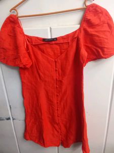 Zara Woman Orange Linen Flutter Sleeve Button Dres