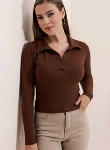 Brown Ribbed Polo Top