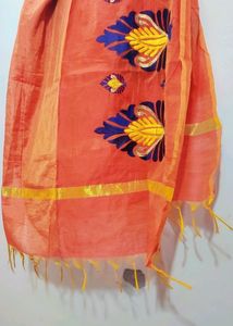 Coral Orange Blue Embroidery Dupatta