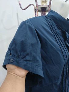 Navy Ruffle Front Blouse