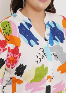 plus size mandarin collar abstract print top