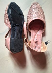 Pink Embroidered Ankle Strap Flats