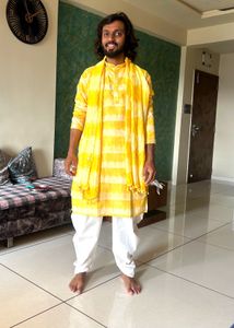 Yellow Striped Kurta Set With Dupatta