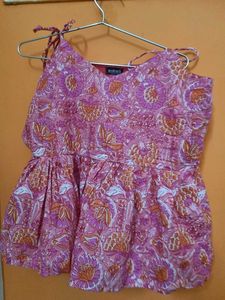 Pink-Yellow Floral Knot-Shoulder Crop Top