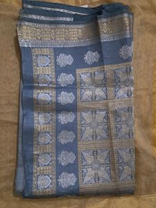 Silver Tussar Silk Saree With Zari Work Golden