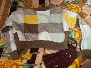 Brown Checkered Knit Cardigan