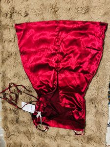 Red Satin Floral Trim Mini Slip Dress