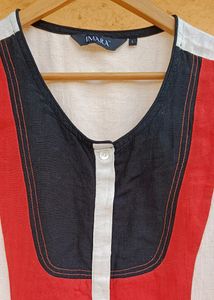 Khadi Look Beige Top w/ Black + Red Bib Collar