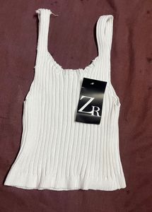 Zara White Ribbed Tank Top Free Size
