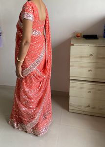 ❤🌸Beautiful Embroidered Coral Saree🎉