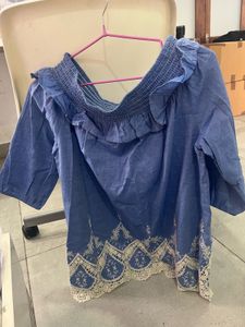 Blue Off-Shoulder Top with Lace