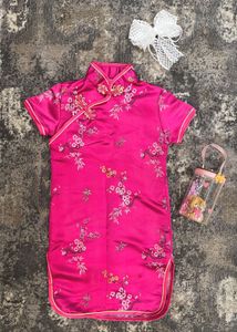 Pink Floral Silk Cheongsam Dress For 2 Yr Old Girl