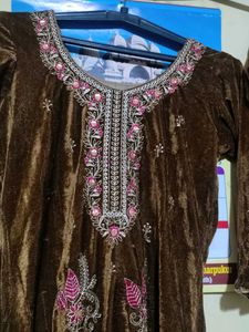 Elegant Brown Embroidered velvet Kurta Set