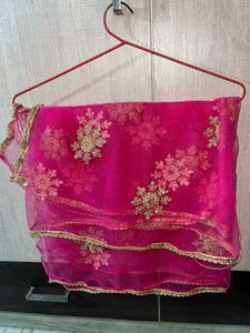 Hot Pink Net Dupatta with Gold Embroidery &amp; Lace