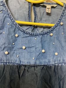 Denim Pearl Embellished Top
