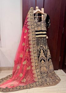 Navy Blue Peach Velvet Embroidered Lehenga Choli