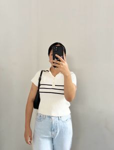 Striped Knit Polo Top