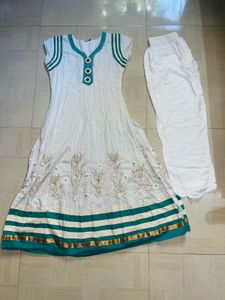 Elegant White &amp; Teal Embroidered Anarkali