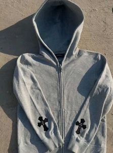Gray Cross Patch Zip-Up Hoodie