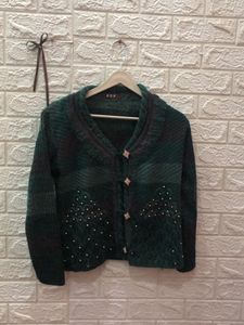 Stylish Green Embellished Cardigan