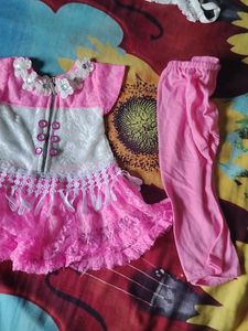 Beautiful Pink Frock With Leggings 1-2Y
