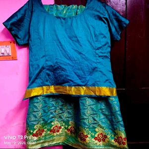 Teal Silk Blouse And Long Skirt( Pattupavada)