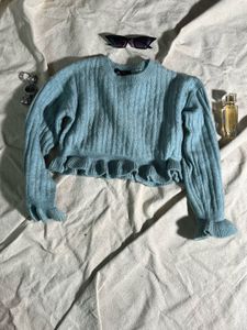 Cute Blue Ruffle Hem Sweater