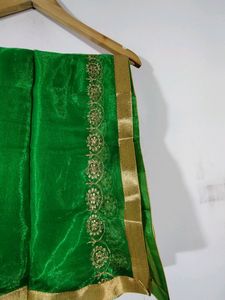 Green And Cream Embroidered Lehenga (Women's)