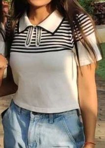 Korean Rhinestone Polo Crop Top