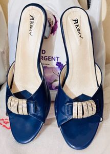 Blue Party wear block Heels With Diamonds