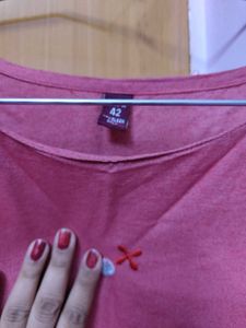 Red  Floral Embroidered Kurti Cotton