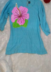 Blue Top with Floral Applique
