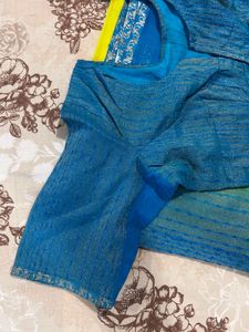Lime Green &amp; Blue Saree with Blouse