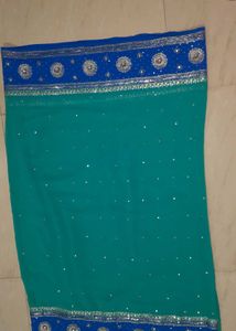 Elegant Teal &amp; Blue Embellished Saree