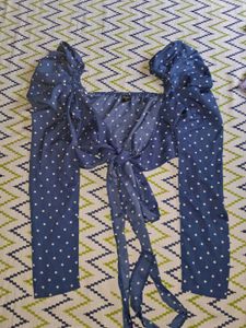Blue Polka Dot Tie-Front Crop Top