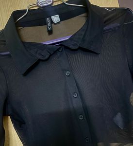 New H&amp;M Black Sheer Crop Shirt Top