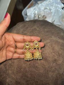 Golden Polish Jhumki With Ad Stones