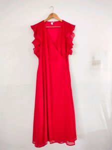 Red Ruffle Sleeve Wrap Maxi Dress