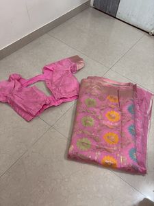 Pink Saree With Ready Blouse