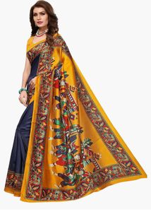 Mysore Art Silk Saree Navy Blue &amp; Mustard