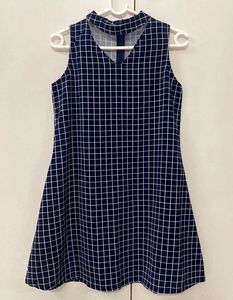 Navy Grid Sleeveless Mini Dress
