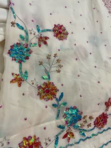 Beautiful White Multi Colour Work Saree