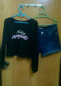Top and denim shorts