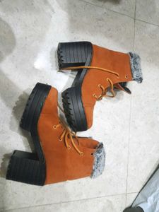 Brown Heeled Boots with fur 4inch