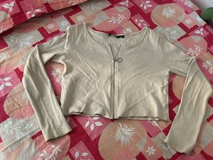 Tan Zip-Up Long Sleeve Crop Top