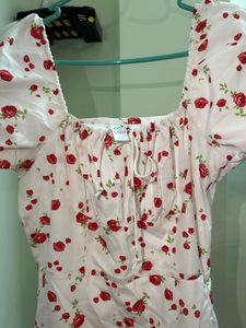 White_red Colour Flower Rose Printed Dress