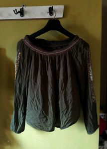 Embroidered Long-Sleeve Off-Shoulder Top