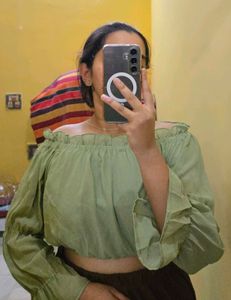 Green Off-Shoulder Crop Top