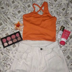 Orange Ribbed Strappy Crop Top