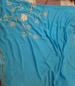 Blue Saree With Work Design